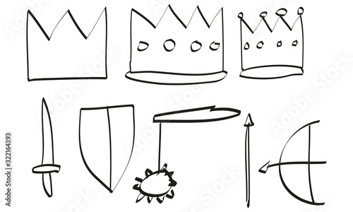 Dibujo hecho a mano de coronas, espada, escudo, y lanzas. 