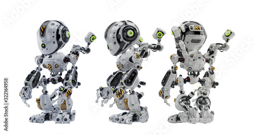 Fototapeta Naklejka Na Ścianę i Meble -  Three futuristic robotic scout units with  multifunctional arm helpers. 3d rendering in different poses