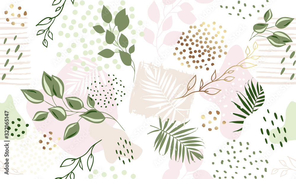 Seamless exotic pattern with tropical plants and pink gold elements. Vector