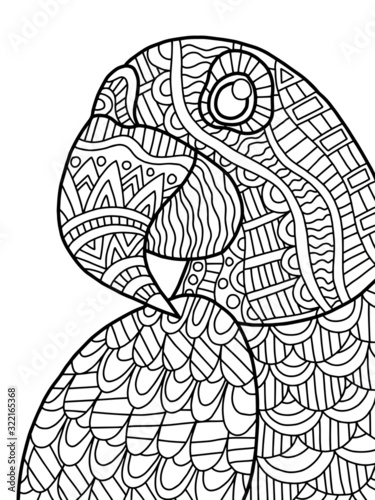 Blue macaw portrait coloring page for kids and adults. Tropical exotic cartoon parrot stock vector illustration. Funny detailed zentangle bird black outline on white background. One of a series.