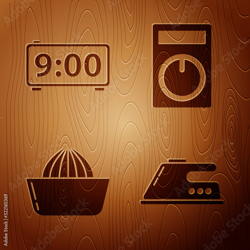 Set Electric iron , Digital alarm clock , Citrus fruit juicer and Remote control on wooden background. Vector