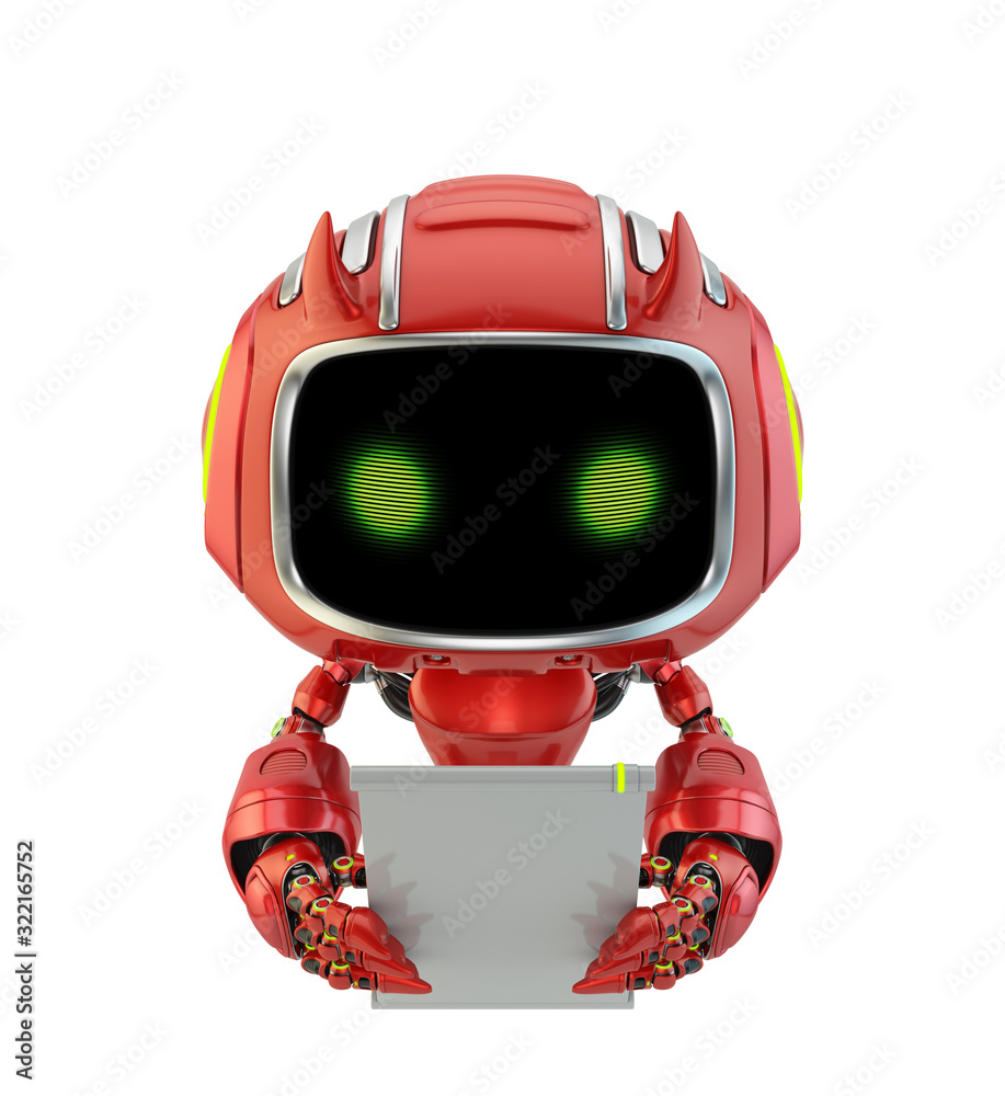Naklejka premium Smart little robotic devil with friendly green digital eyes and little horns. This cute toy holding blank digital board/tablet. 3d rendering