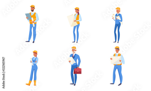 Set of various builders in blue clothing and helmets. Vector illustration in flat cartoon style.