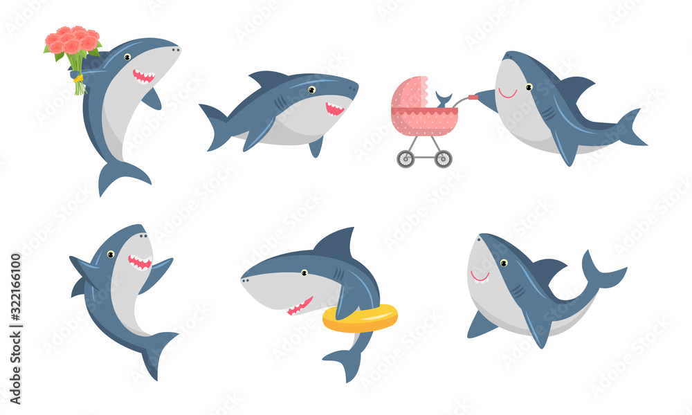 Fototapeta premium Set of cute humanized shark in different life situations. Vector illustration in flat cartoon style.