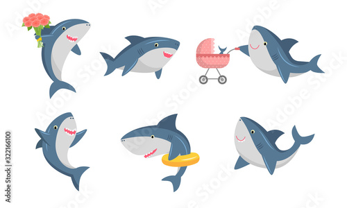 Set of cute humanized shark in different life situations. Vector illustration in flat cartoon style.