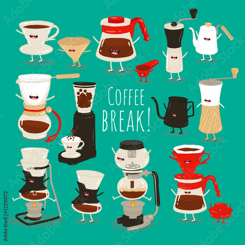 Coffee brewing methods illustration set. Collection of vector coffee makers, syphon, coffee cups, pots and kettles.