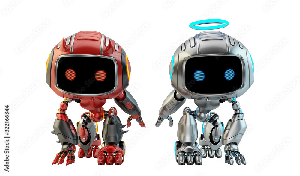 Two warring little robotic toys, 3d rendering with silver angel and red devil bots in squat epic pose Two warring little robotic toys, 3d rendering with silver angel and red devil bots in squat epic pose