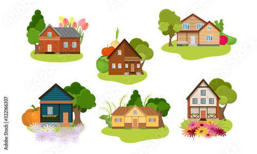 Set of different country houses with gardens. Vector illustration in flat cartoon style.