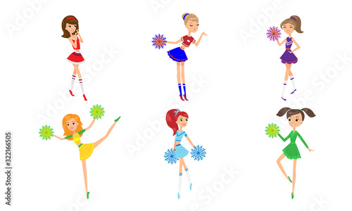 Set of cute girls cheerleaders with pom-poms. Vector illustration in flat cartoon style.