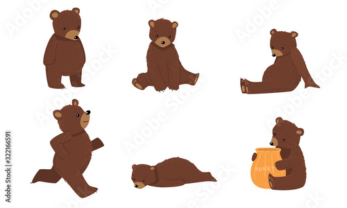 Set of brown bears in everyday life situations. Vector illustration in flat cartoon style.