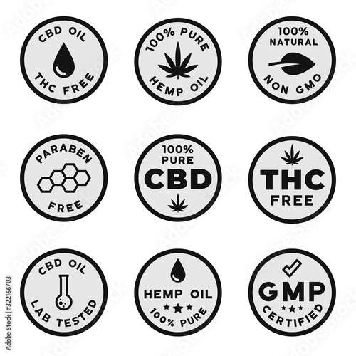 Set of CBD themed logotypes: GMO free GMP certified CBD oil logos, THC free, paraben and pesticides free badges