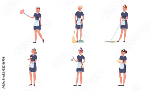 Set of maid posing in different actions. Vector illustration in flat cartoon style.