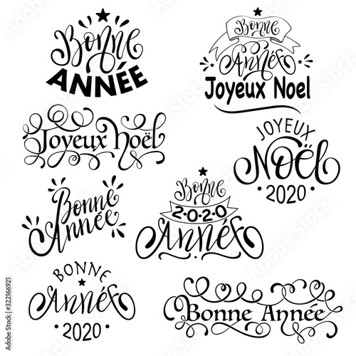 Joyeux Noel and Bonne Annee -  French Merry Christmas and Happy New Year Set of Calligraphic Inscription