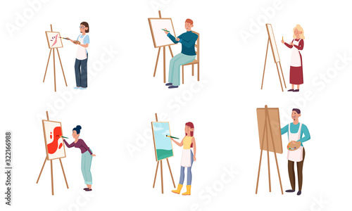 Set of different artistspainting on canvas with an easel. Vector illustration in flat cartoon style.