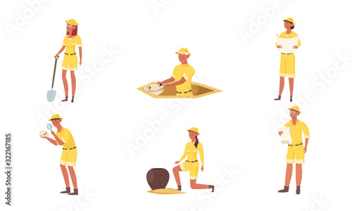 Set of cartoon archaeologist characters in yellow clothing at work. Vector illustration in flat cartoon style.