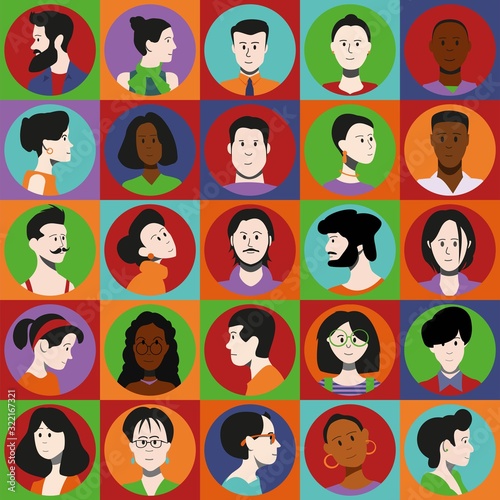 Set of icons of different people, men and women in a flat style with faces. Vector character.