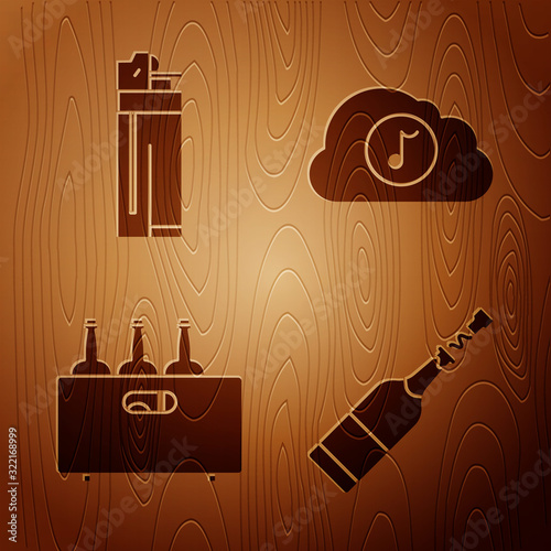 Set Champagne bottle , Lighter , Bottles of wine in a wooden box and Music streaming service on wooden background. Vector