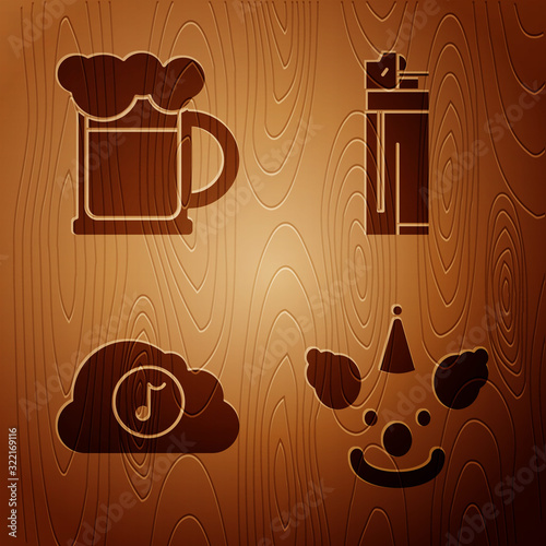 Set Clown head , Wooden beer mug , Music streaming service and Lighter on wooden background. Vector