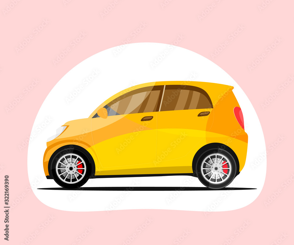 Isolated small yellow car isolated on pink background