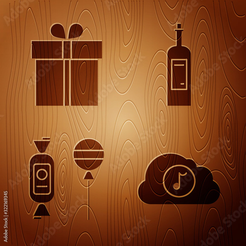 Set Music streaming service , Gift box , Lollipop and Bottle of wine on wooden background. Vector