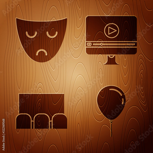 Set Balloon with ribbon , Drama theatrical mask , Cinema auditorium with screen and seats and Online play video on wooden background. Vector