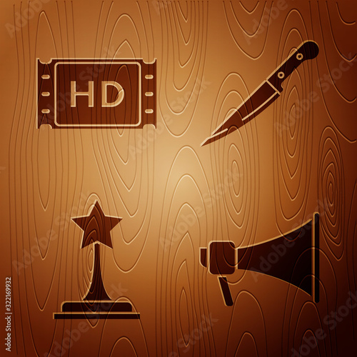 Set Megaphone , 4k movie, tape, frame , Movie trophy and Knife on wooden background. Vector