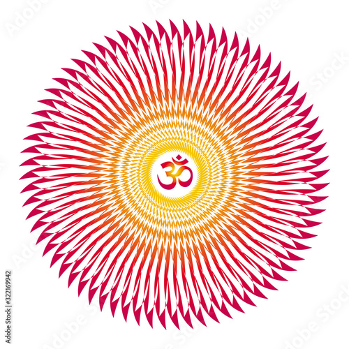   ircle openwork mandala. Purple  yellow  red colors. Sign Aum   Om   Ohm in center. Spiritual esoteric symbol. Vector graphics art.