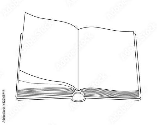 Opened blank book or diary - linear, vector image for coloring. Blank pages of an open book - copy space, element for a coloring book. Outline