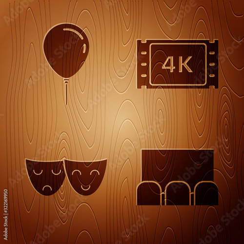 Set Cinema auditorium with screen and seats , Balloon with ribbon , Comedy and tragedy theatrical masks and 4k movie, tape, frame on wooden background. Vector