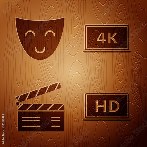 Set Laptop screen with HD video technology , Comedy theatrical mask , Movie clapper and Laptop screen with 4k video technology on wooden background. Vector