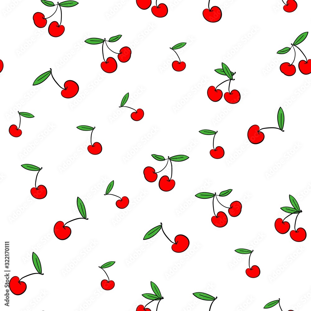 Red Cherry on a white background pattern. Vector. Design Textile Print