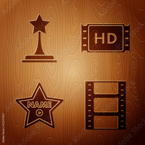 Set Play Video , Movie trophy , Hollywood walk of fame star on celebrity boulevard and 4k movie, tape, frame on wooden background. Vector