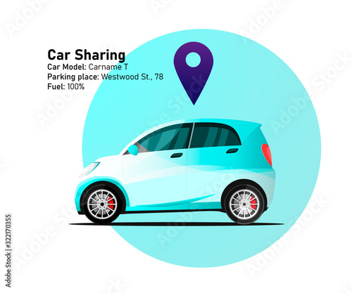 Car renting design template. Car sharing ilustration. Smart city car with geo tag illustration, city eco car side view with location mark