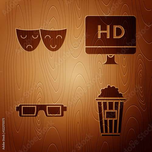 Set Popcorn in cardboard box , Comedy and tragedy theatrical masks , 3D cinema glasses and Computer PC monitor with HD video technology on wooden background. Vector