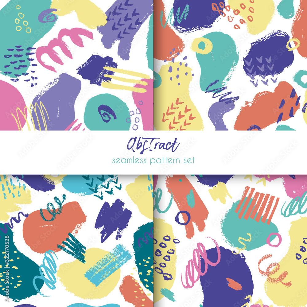 set of vector seamless pattern. bright background abstract color spots, dry brush strokes, dots, lines. design for textile, Wallpaper, wrapping paper, poster and banner. trend geometric template