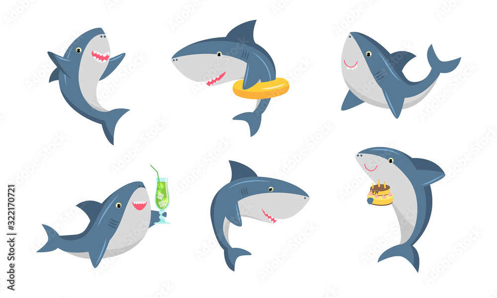Set of cute humanized shark in different life situations. Vector illustration in flat cartoon style.