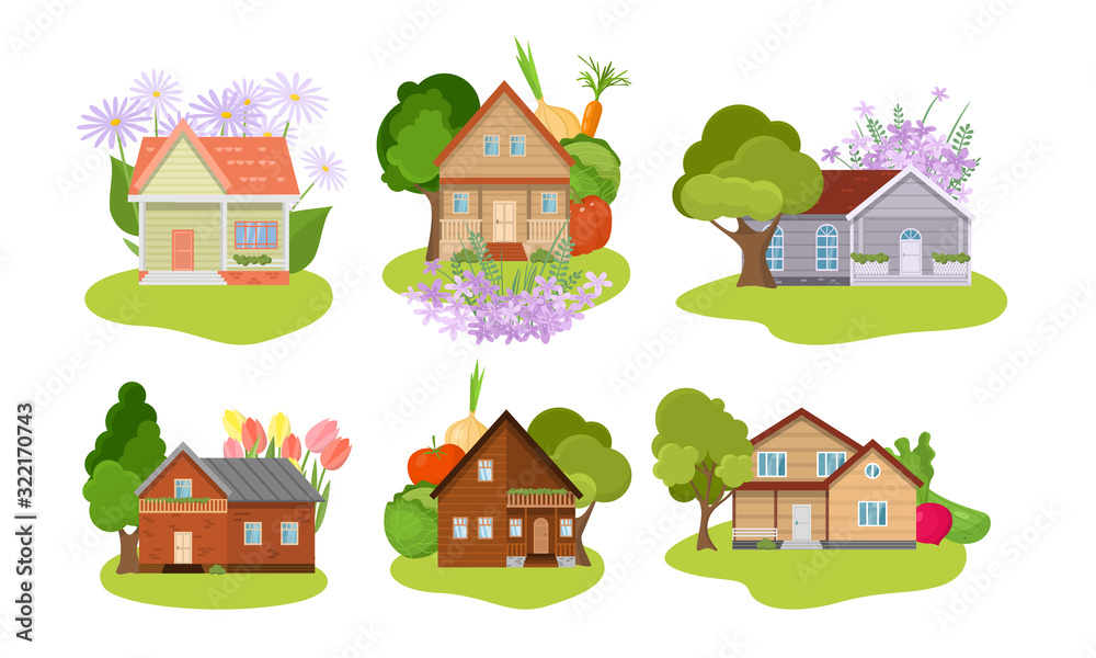 Set of different country houses with gardens. Vector illustration in flat cartoon style. Set of different country houses with gardens. Vector illustration in flat cartoon style.