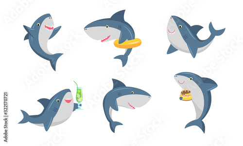 Set of cute humanized shark in different life situations. Vector illustration in flat cartoon style.