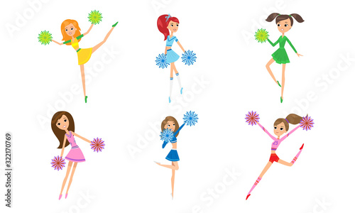 Set of cute girls cheerleaders with pom-poms. Vector illustration in flat cartoon style.