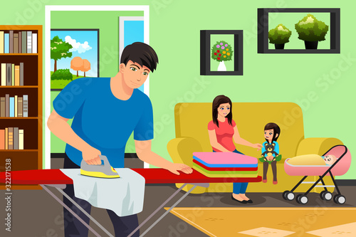 Father Ironing Clothes While Mother and Kids in the Living Room Illustration