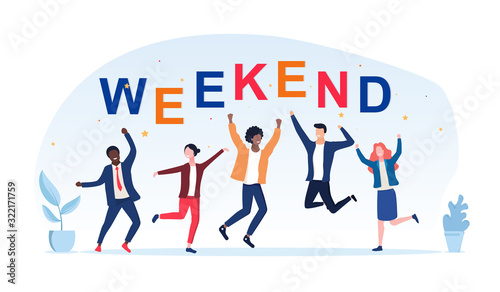 Group of friends or collegues celebrating the weekend with colorful text and cheering dancing multiracial men and women, vector illustration photo