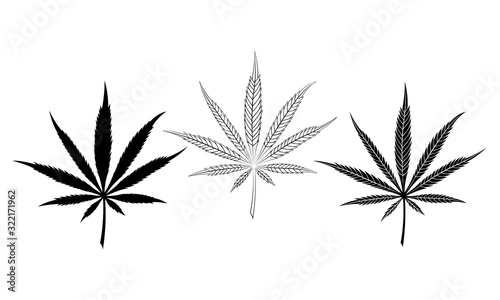 Cannabis leaves black silhouette set isolated on white background. Vector