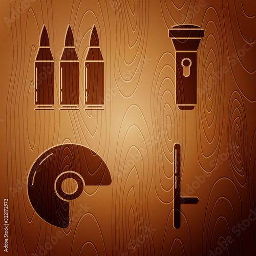 Set Police rubber baton , Bullet , Military helmet and Flashlight on wooden background. Vector