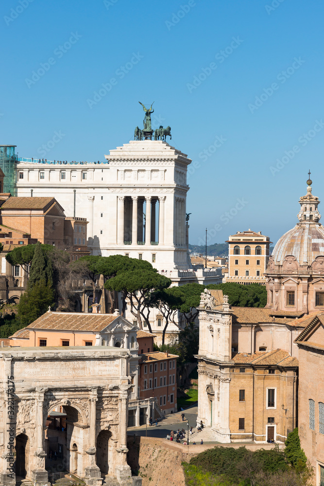 Rome city skyline with the Roman Forum