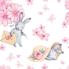 Wandcirkels Aquarel prints patronen Beautiful seamless watercolor pattern with cute rabbit in hat and pink flowers, butterfly and heart.Perfect for your project, packaging, wallpaper, cover design, invitations, birthday, valentine's day  © BloomPix