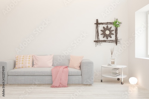 Stylish room in white color with sofa. Scandinavian interior design. 3D illustration