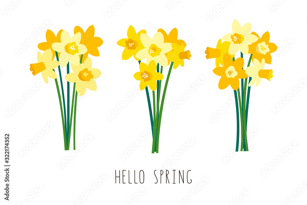 Vector set of positive floral illustrations isolated on white background. Early spring garden flowers. Yellow daffodils bouquet. Greeting card template, festive poster, banner. Handwritten lettering