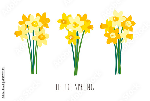 Vector set of positive floral illustrations isolated on white background. Early spring garden flowers. Yellow daffodils bouquet. Greeting card template, festive poster, banner. Handwritten lettering