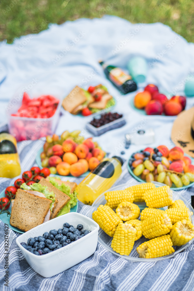 Summertime picnic setting on the grass with open picnic basket, fruit, salad and cherry pie Summertime picnic setting on the grass with open picnic basket, fruit, salad and cherry pie