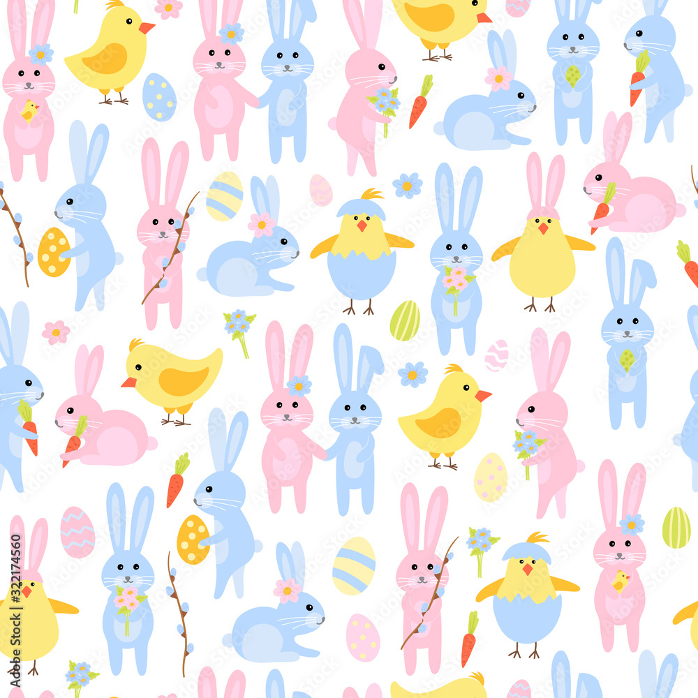 seamless Easter pattern of rabbits and chickens with carrots, eggs, flowers. Vector cute characters in the style of hand-drawn flat pastel colors. suitable for decoration, packaging paper, textile seamless Easter pattern of rabbits and chickens with carrots, eggs, flowers. Vector cute characters in the style of hand-drawn flat pastel colors. suitable for decoration, packaging paper, textile